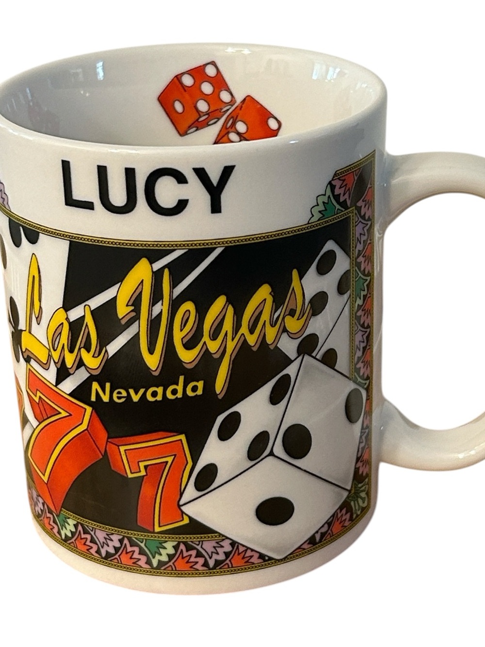 Lucy White Ceramic Las Vegas Mug with dice, poker chips, playing card graphics
